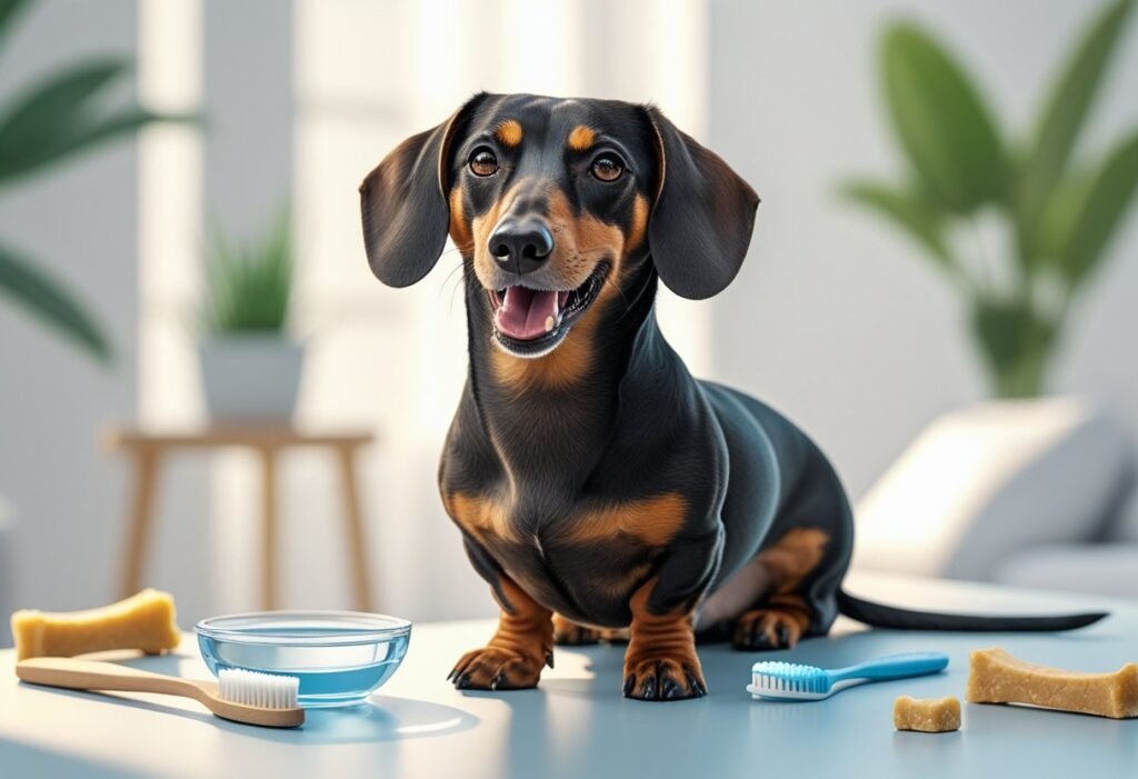 A healthy dachshund sitting calmly with its mouth slightly open, showing clean teeth, surrounded by dog dental care items in a bright home setting.