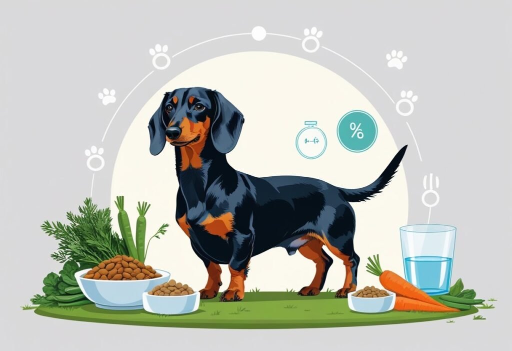 A healthy dachshund standing on grass surrounded by a bowl of dog food, fresh vegetables, a water bowl, and exercise-related items like a leash and paw prints.