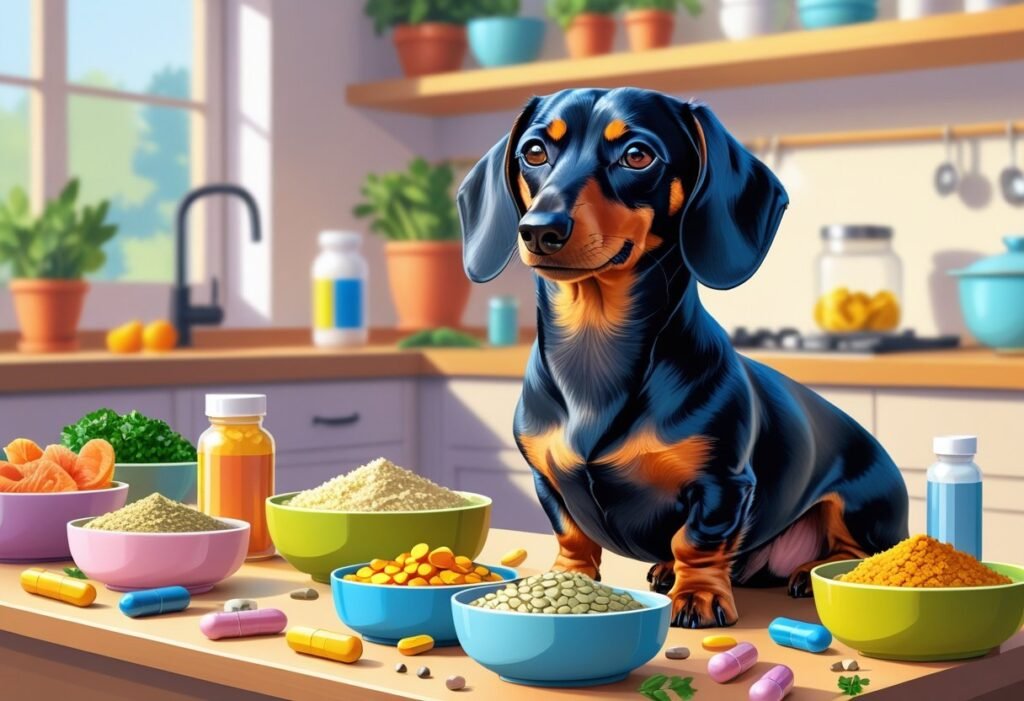 A Dachshund sitting in a kitchen surrounded by bowls of supplements, treats, and fresh vegetables.