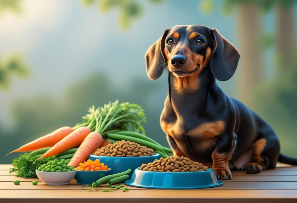 A happy Dachshund sitting next to bowls of nutritious dog food and fresh vegetables on a wooden table.