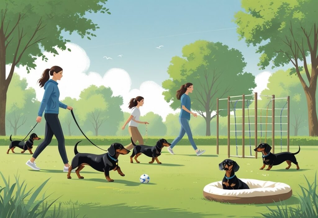 Several Dachshunds engaging in different safe physical activities outdoors, including walking on a leash, playing fetch, and navigating a small agility course, with a person nearby and a calm natural background.