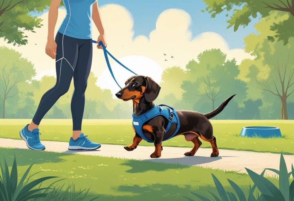 A dachshund on a leash walking with its owner in a park, with water and shaded areas nearby for rest and safety.