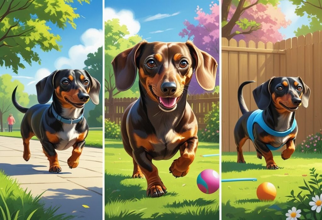 A dachshund walking on a leash in a park, playing fetch in a backyard, and navigating an indoor agility course.