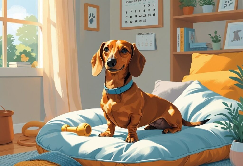 A calm dachshund resting on a dog bed near a sunny window with toys and a calendar nearby, while a person prepares the dog's belongings.