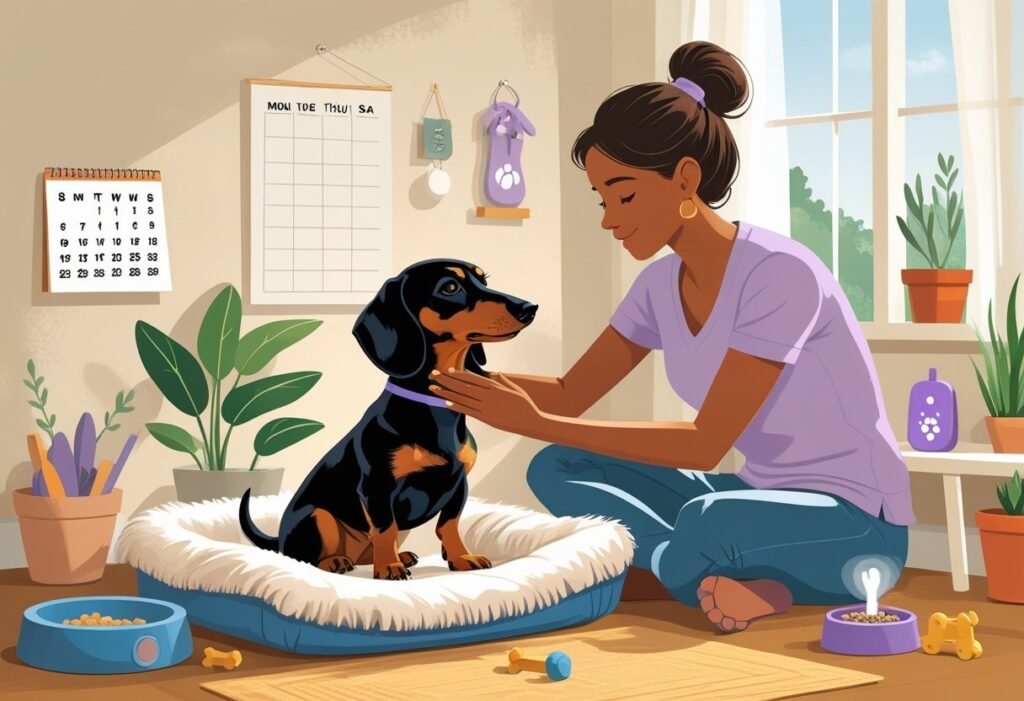 A person gently petting a dachshund resting on a dog bed surrounded by calming toys and home items that suggest care and routine.
