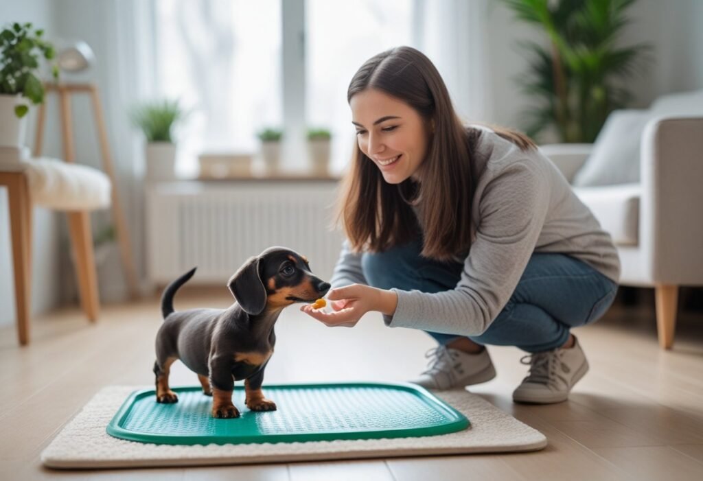 A person kneeling in a living room guiding a dachshund puppy towards a puppy training pad on the floor.