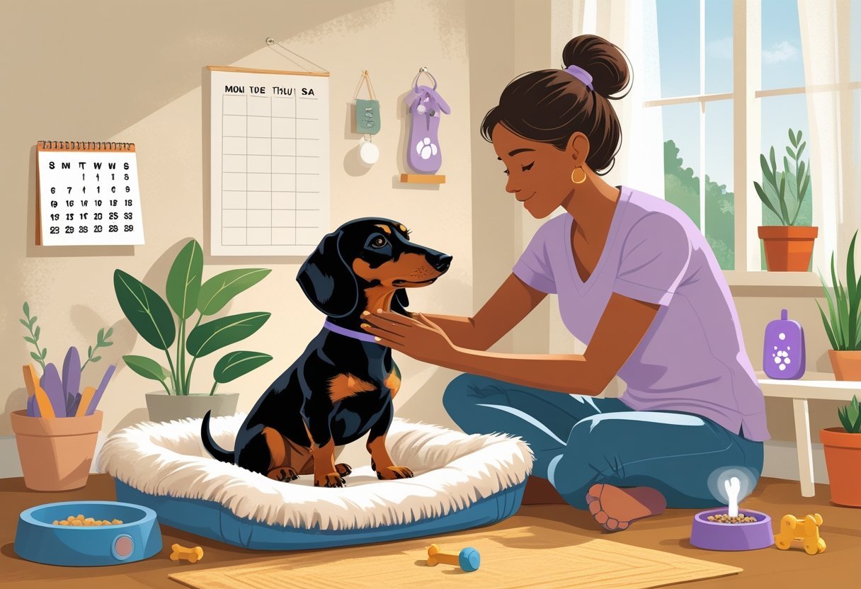 A person gently petting a dachshund resting on a dog bed surrounded by calming toys and home items that suggest care and routine.