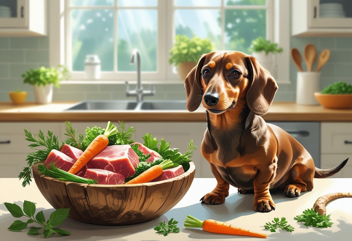 Dachshund near bowl of fresh meat and vegetables in kitchen