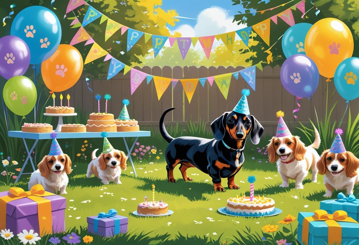 Dogs celebrating a birthday in festive backyard setting