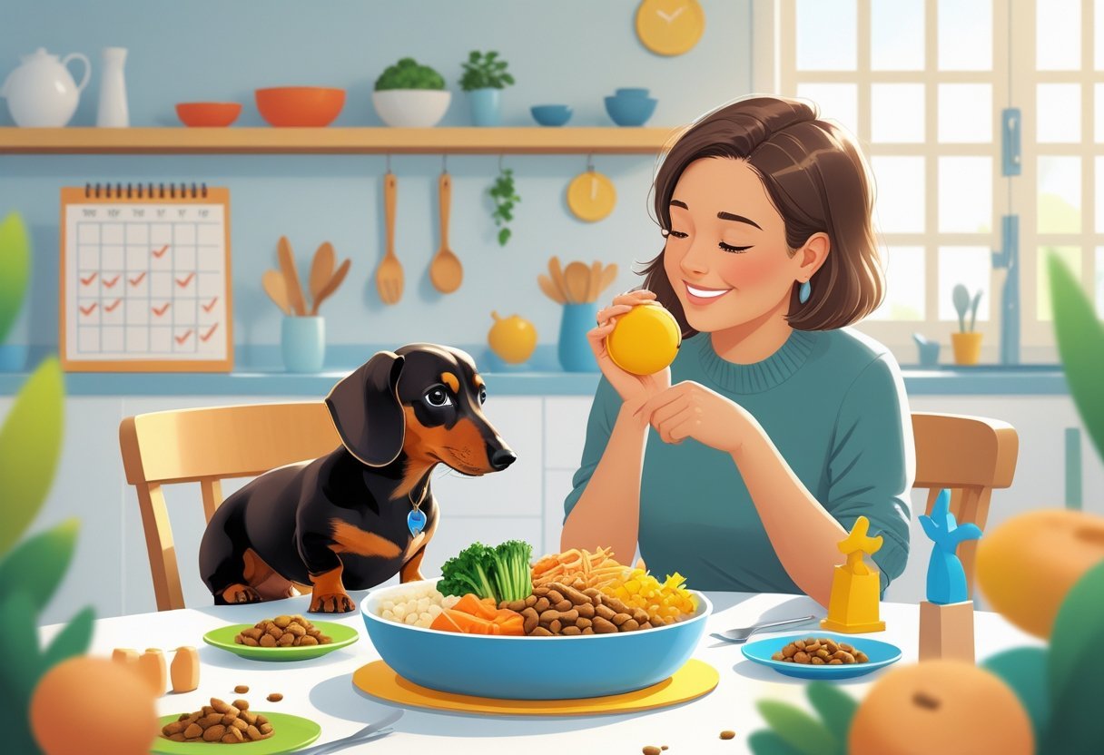Woman and dog enjoying a meal together in the kitchen