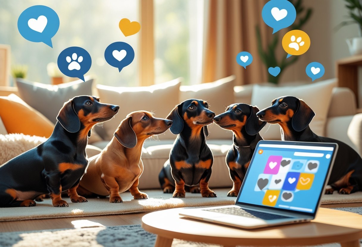 Dachshunds using laptop with social media heart icons on screen