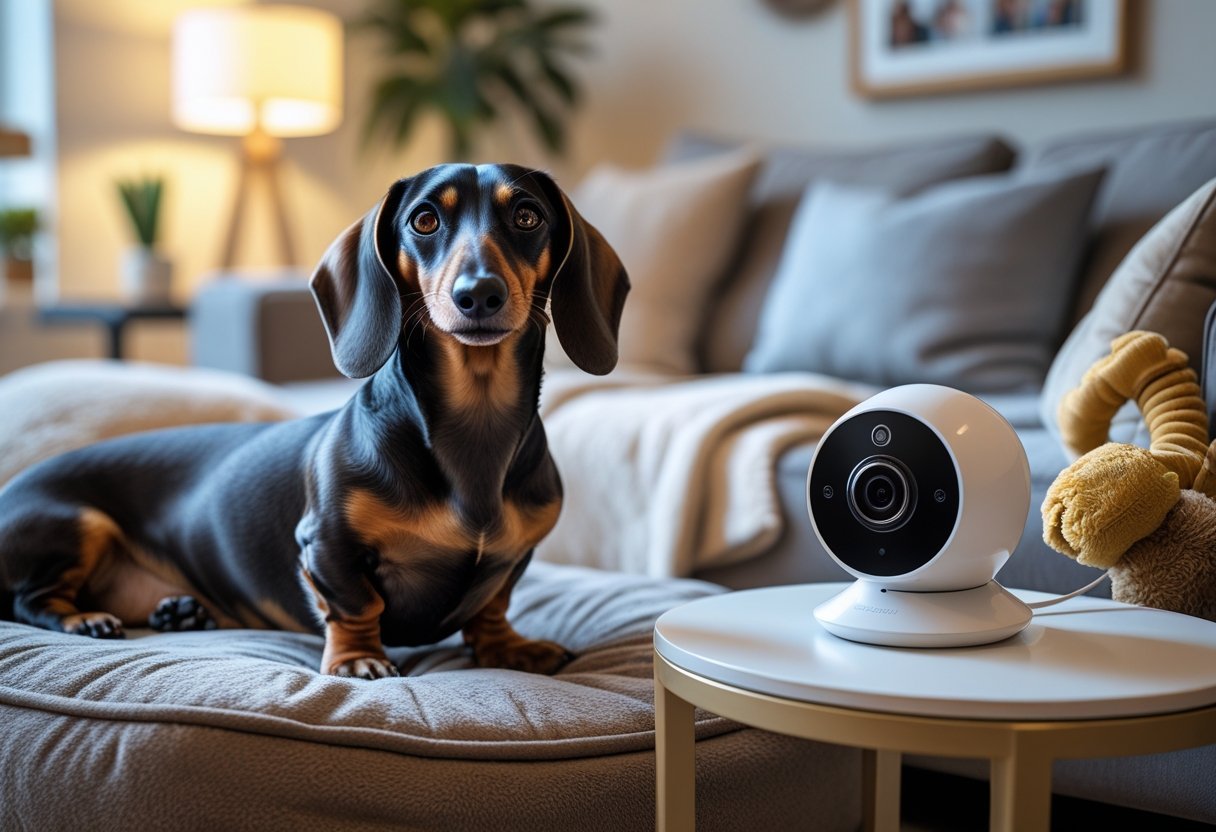 A dachshund resting on a dog bed in a cozy living room with a pet camera on a nearby table monitoring the dog.