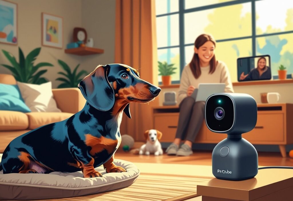 Owner watching dachshund by Petcube camera on laptop