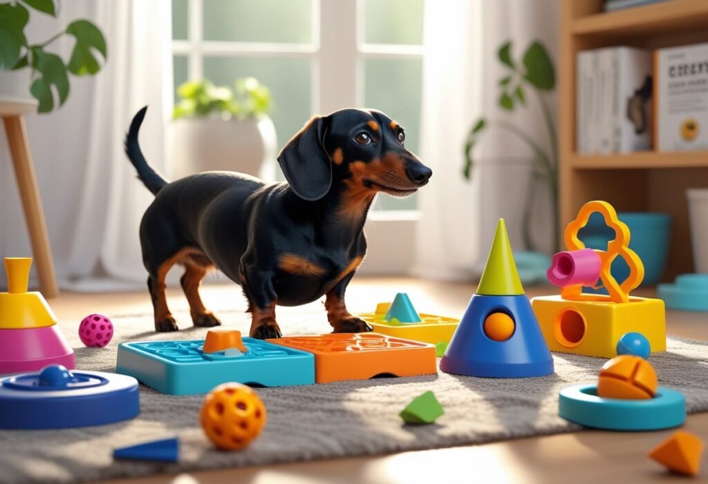 Dachshund with toys