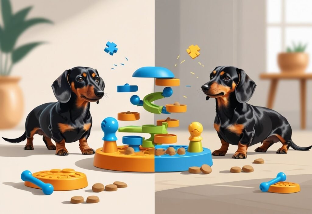 Dachshund with brain training equipments