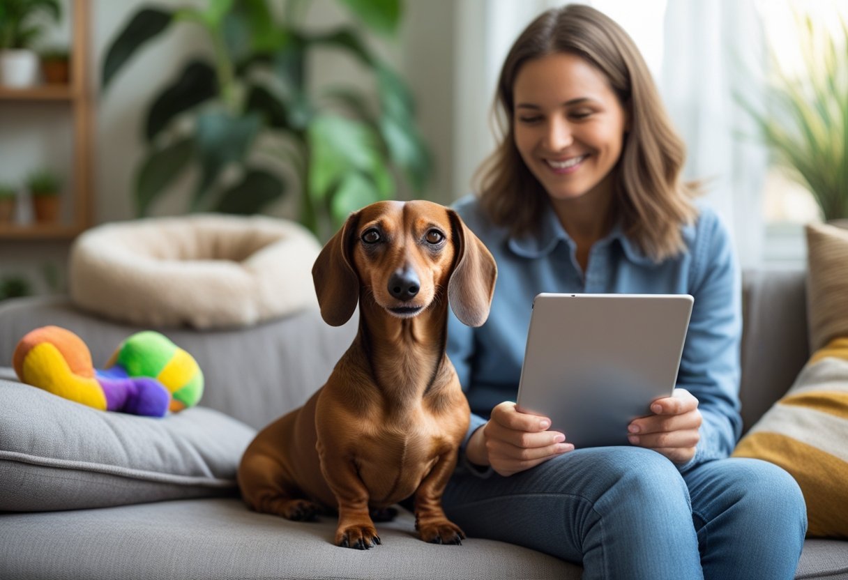A smiling Dachshund owner sits on a cozy couch beside their relaxed dog, surrounded by pet care items, representing the peace of mind pet insurance provides.