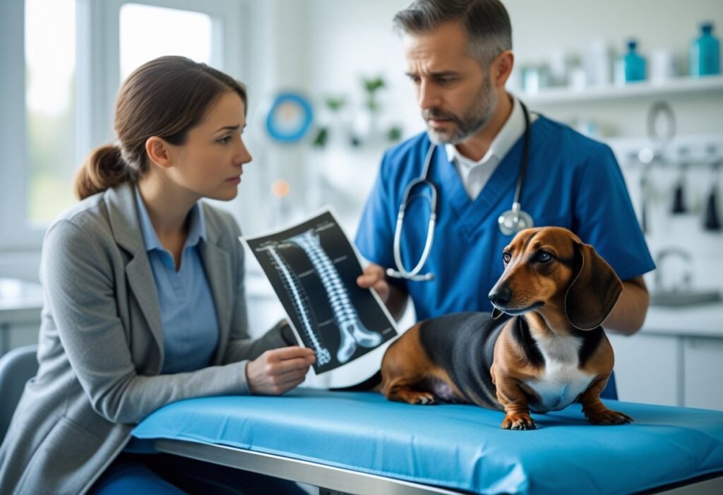 A concerned pet owner reviews spinal X-rays with a veterinarian while their Dachshund sits on an exam table, illustrating the risks of IVDD.