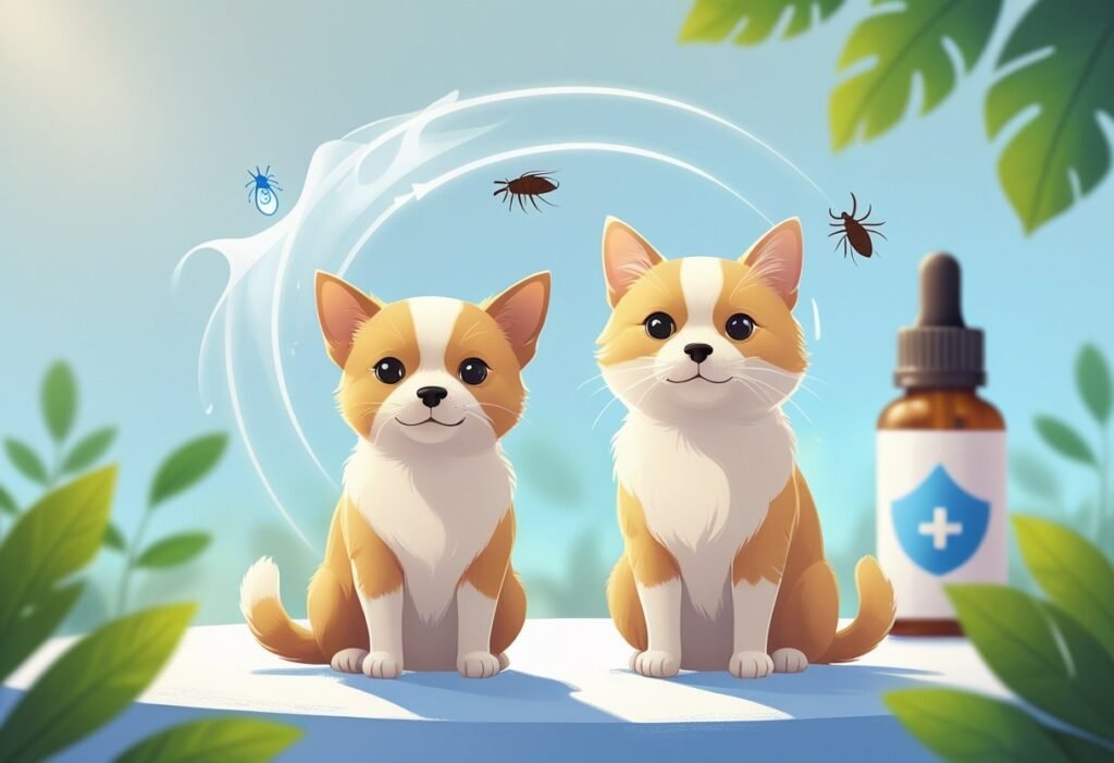BudgetPetCare Meds for flea and tick and pets sit near happily