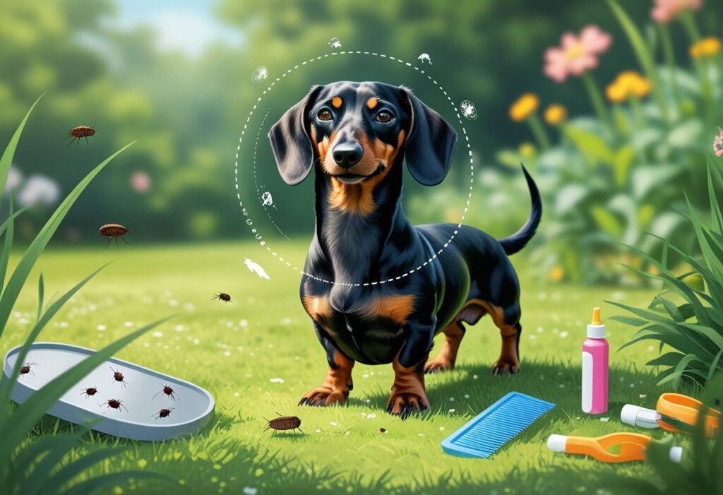 Happy dachshund completely protected by flea and tick