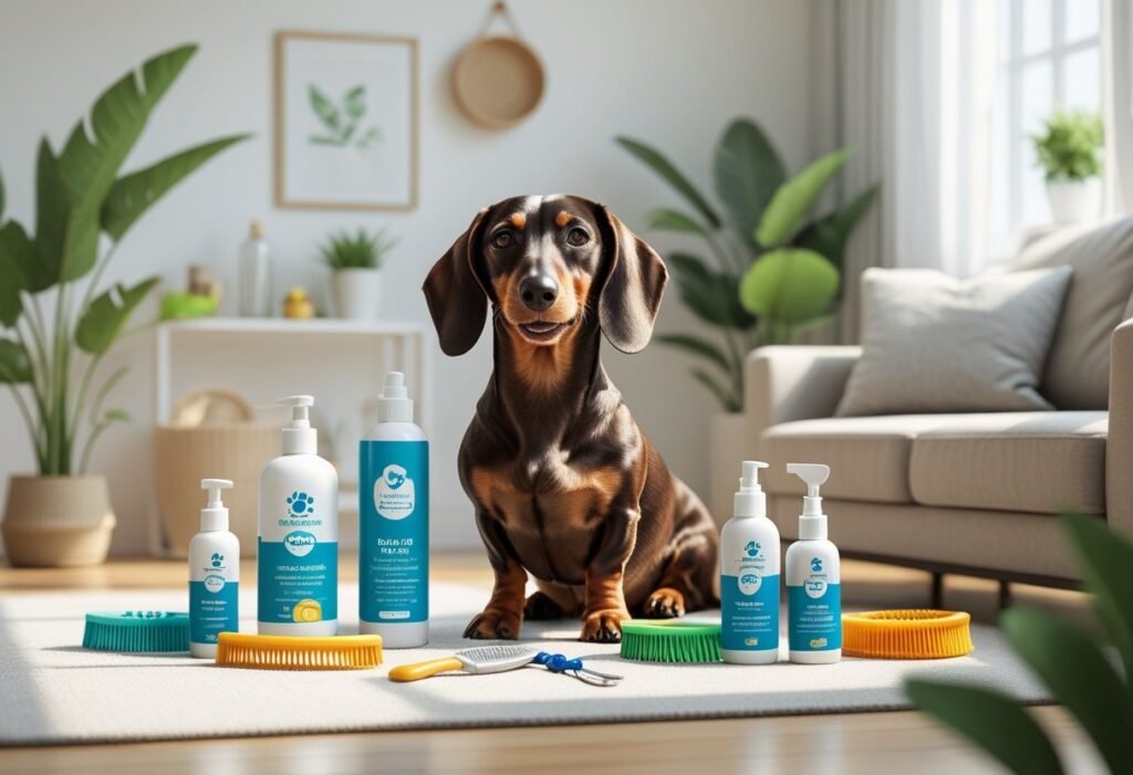 Dachshund sitting and meds bottle around him