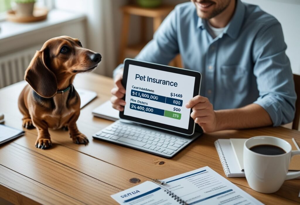 Dachshund owner reviewing Embrace insurance costs on a tablet at home, with their dog nearby, showing the decision-making process for pet coverage.