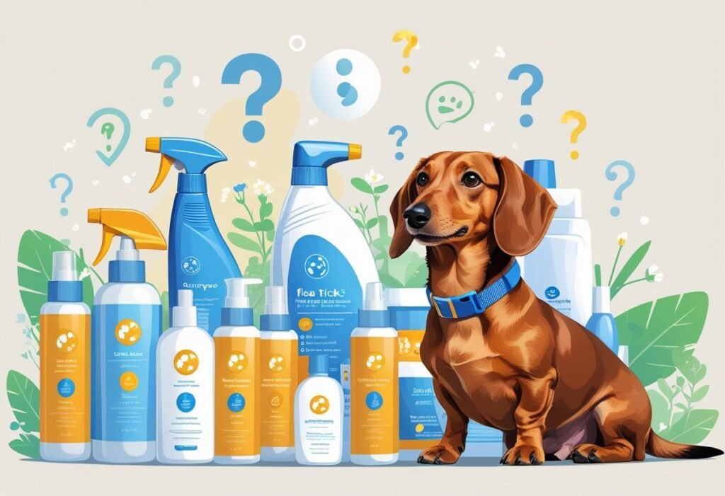 Happy Dachshund sitting and meds bottle of PetCareSuppllies around him