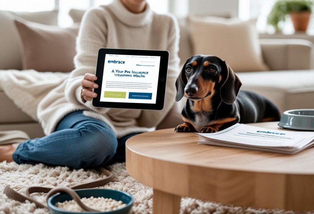 Confident Dachshund owner using a tablet displaying Embrace Pet Insurance, symbolizing trust and satisfaction after choosing the right coverage.