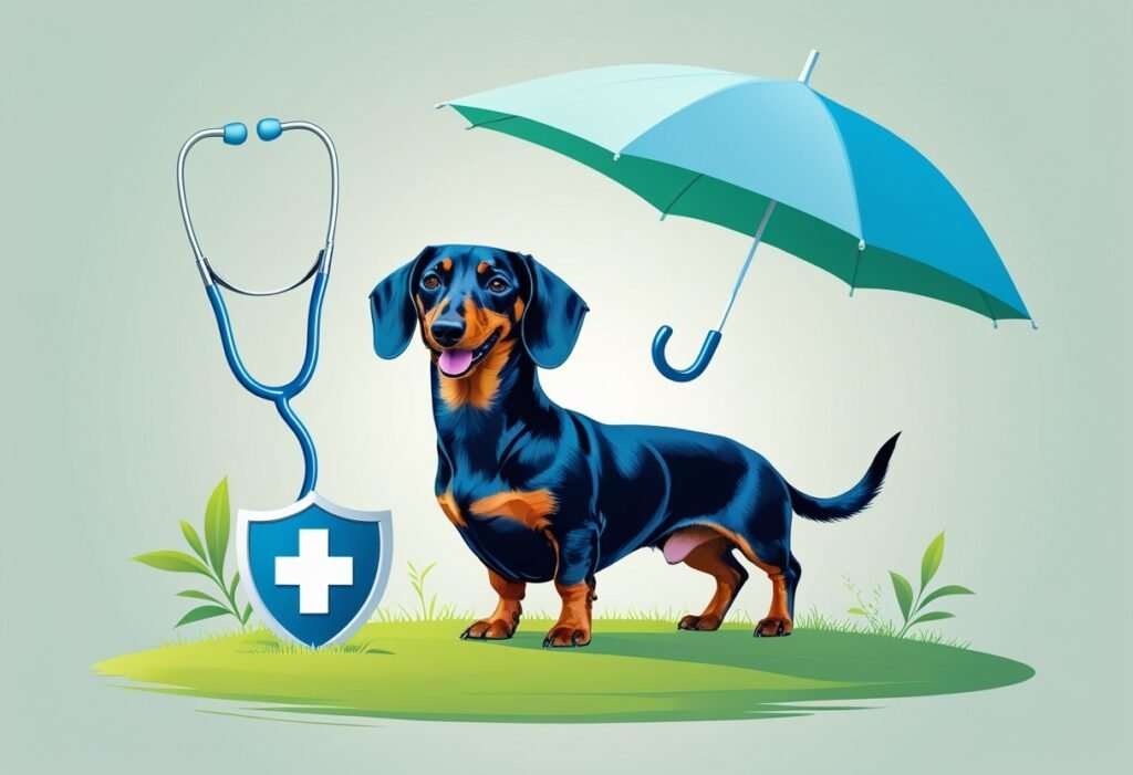 Dachshund with med kit and umbrella indicate that he is safe from IVDD
