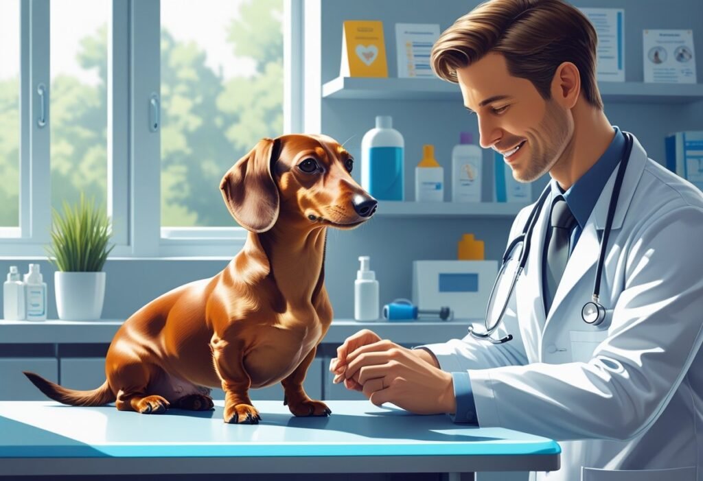 Vet check dachshund in the clinic and dachshund calmly sit on the vet table.