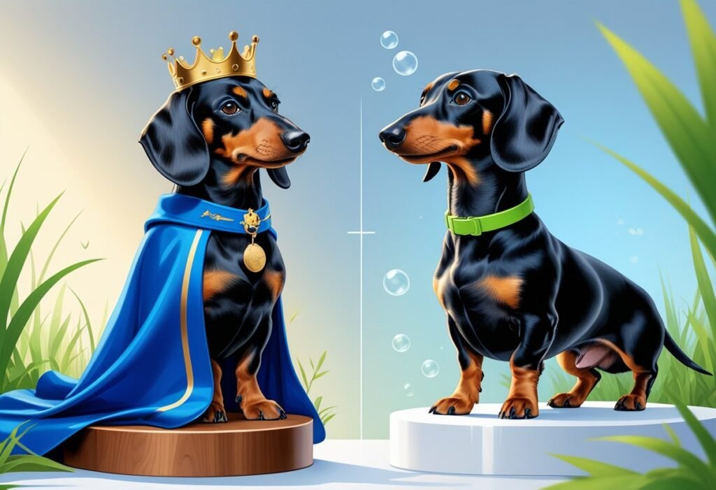 Two dachshund sitting together and one of them wear royal dress