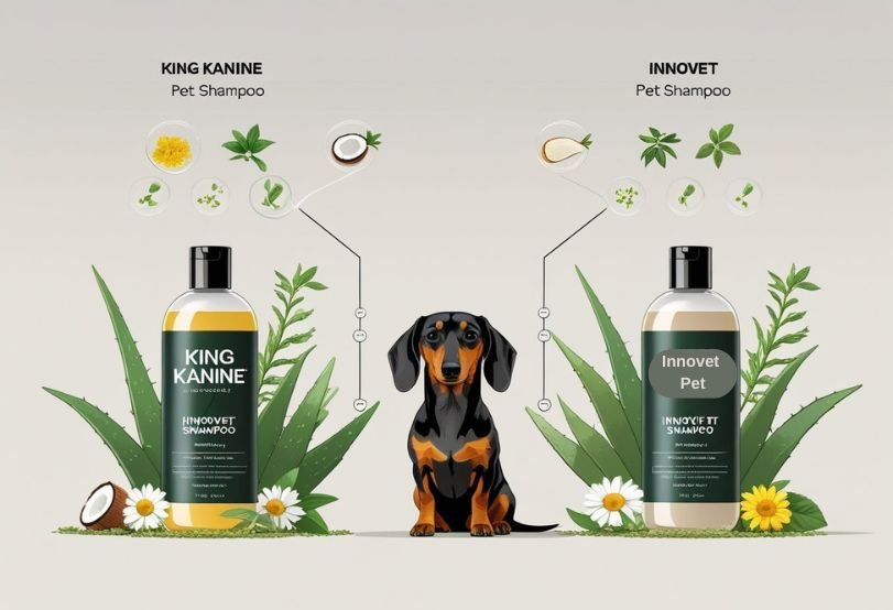 Dachshund between 2 shampoo bottle of Innovet and King Kanine