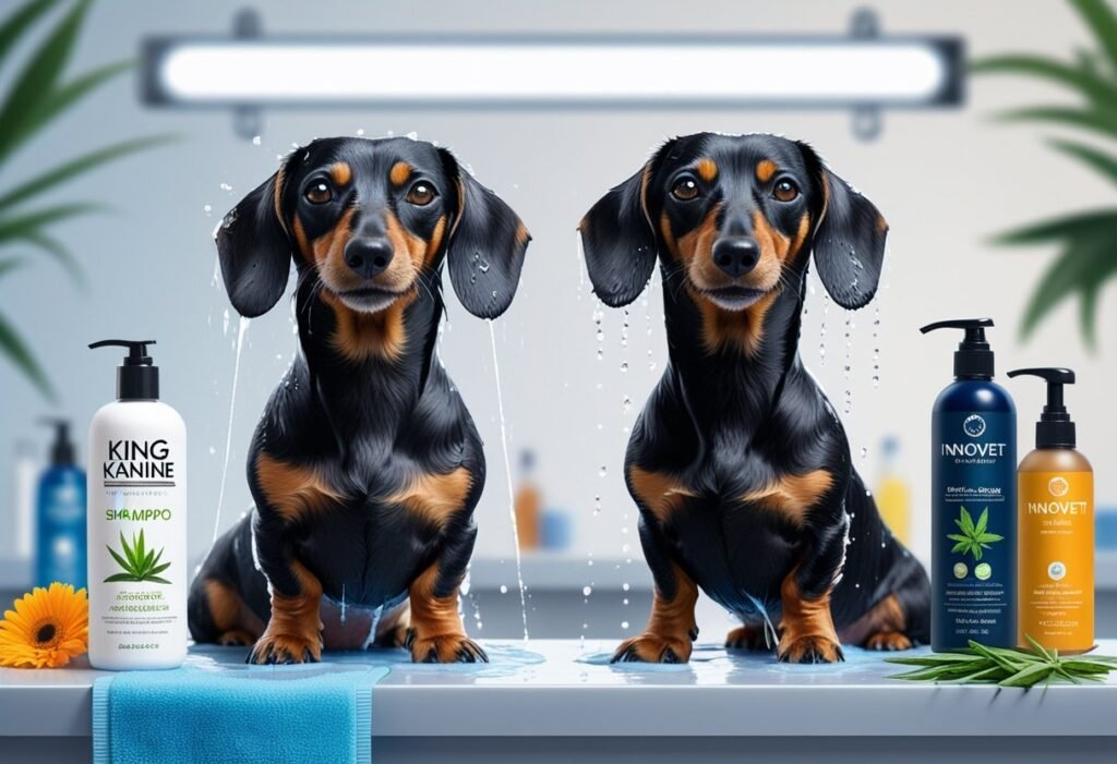 two happy dachshund with grooming shampoo bottles of Innovet Pet and King Kanine