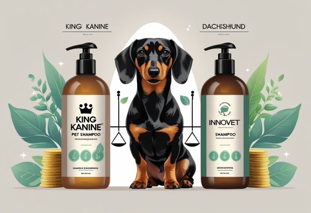 Dachshund calmly sitting between grooming shampoo bottles of Innovet Pet and King Kanine