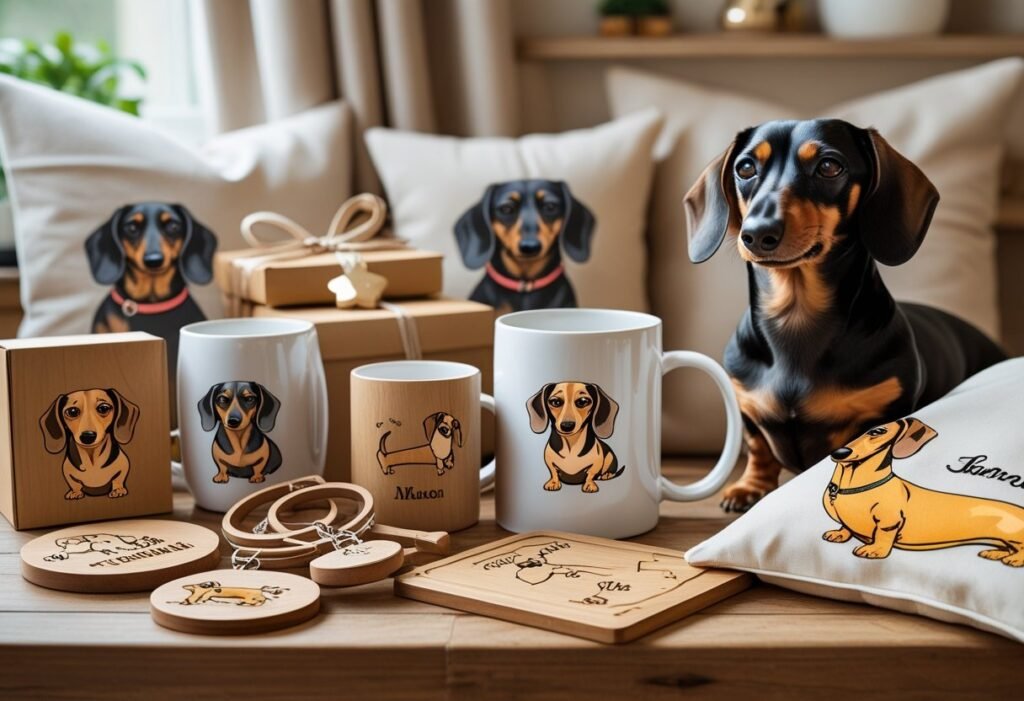 A table displaying various personalized dachshund-themed gifts with a dachshund dog sitting nearby.