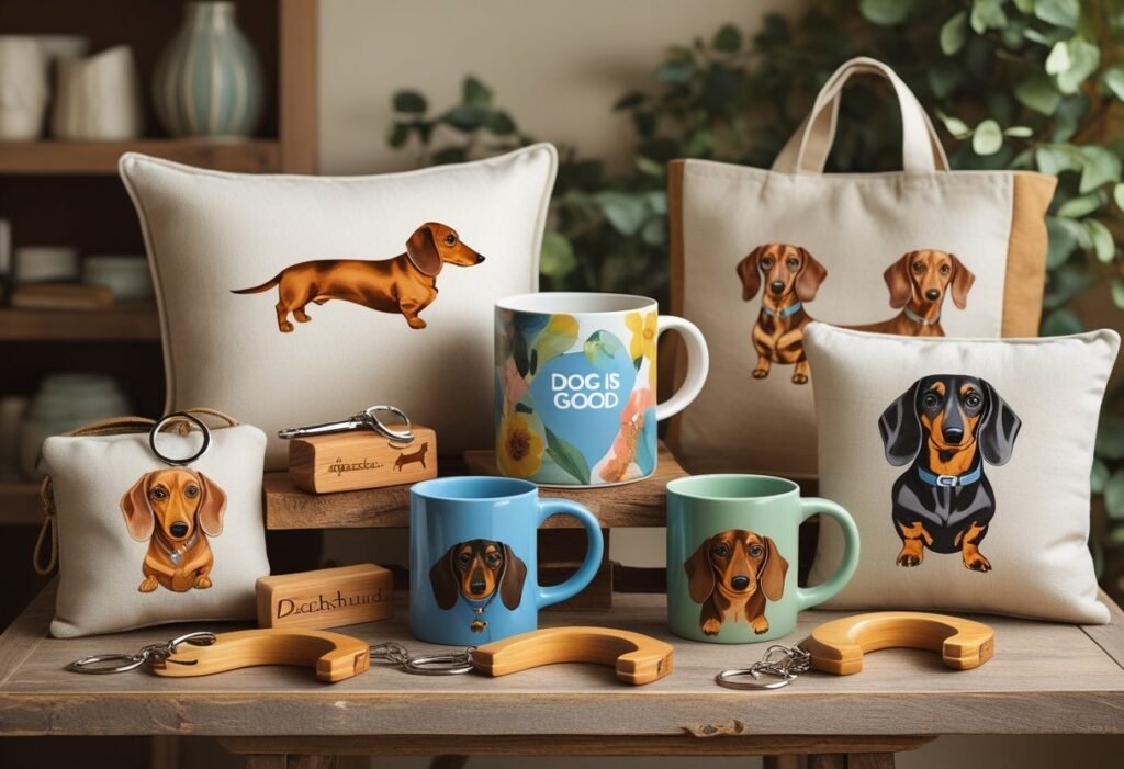personalised dachshund gifts - A collection of personalized dachshund-themed gifts displayed on a wooden table, including a keychain, blanket, mug, and throw pillow.