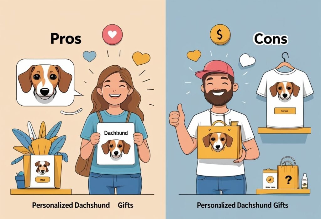 An illustration showing two sides: happy customers receiving personalized dachshund gifts on one side, and symbols of possible drawbacks like delayed shipping and limited product variety on the other.
