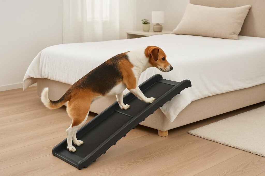 Small dog walking up a black TRIXIE folding dog ramp beside a bed, showing non-slip surface and gentle incline for safe indoor use.