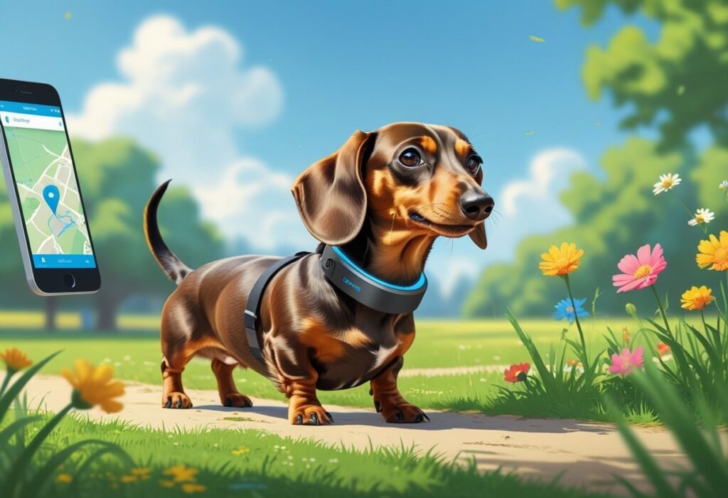 A Dachshund wearing a GPS tracker collar exploring a green park with a smartphone showing a location map in the background.