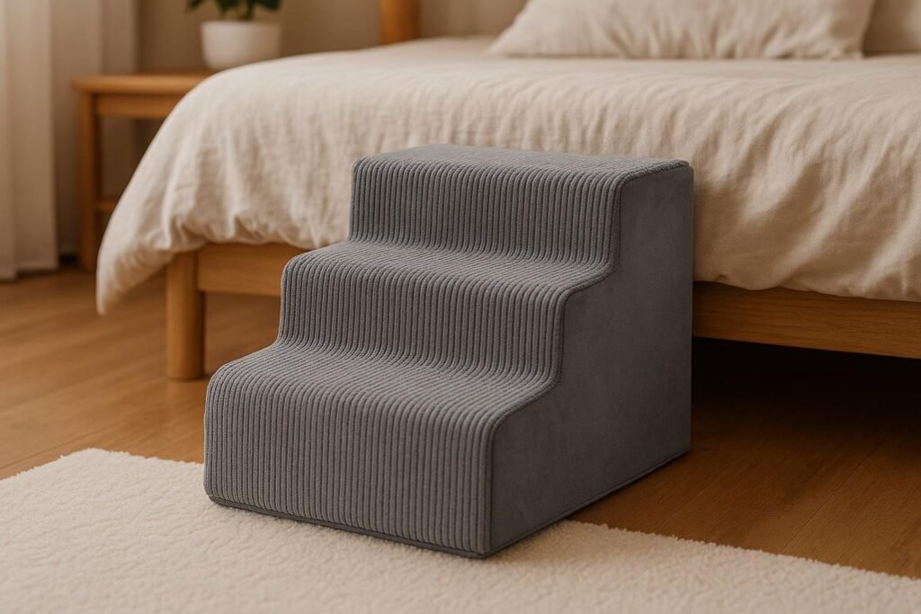 Three-step gray foam dog stairs with wide, deep steps and soft corduroy cover, placed next to a couch for small dogs with mobility issues.