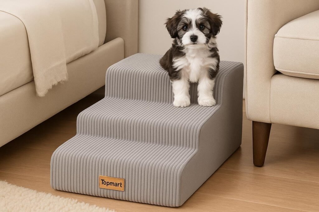 Compact two-step gray foam dog stairs with non-slip fabric, lightweight and space-saving design, placed next to a low bed or sofa indoors.