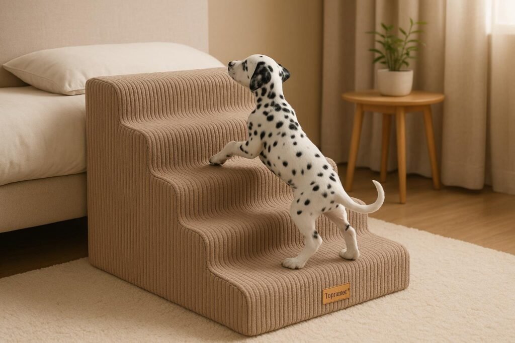 Four-tier extra-wide foam dog stairs with soft corduroy cover, deep and wide steps, set by a tall bed to assist small dogs with back issues.