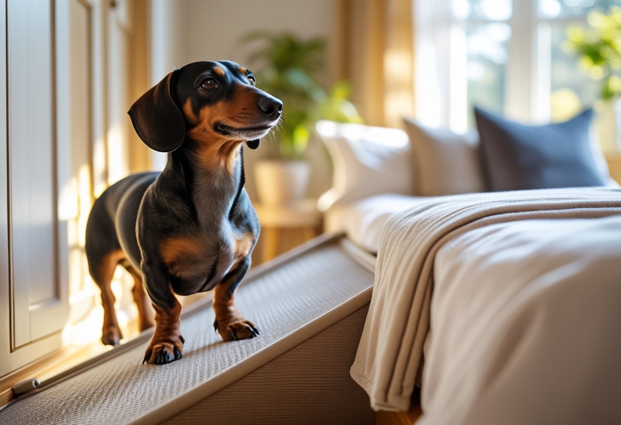 “Happy Dachshund standing on soft dog ramp beside a bed, looking at owner in a cozy home, bright natural light.