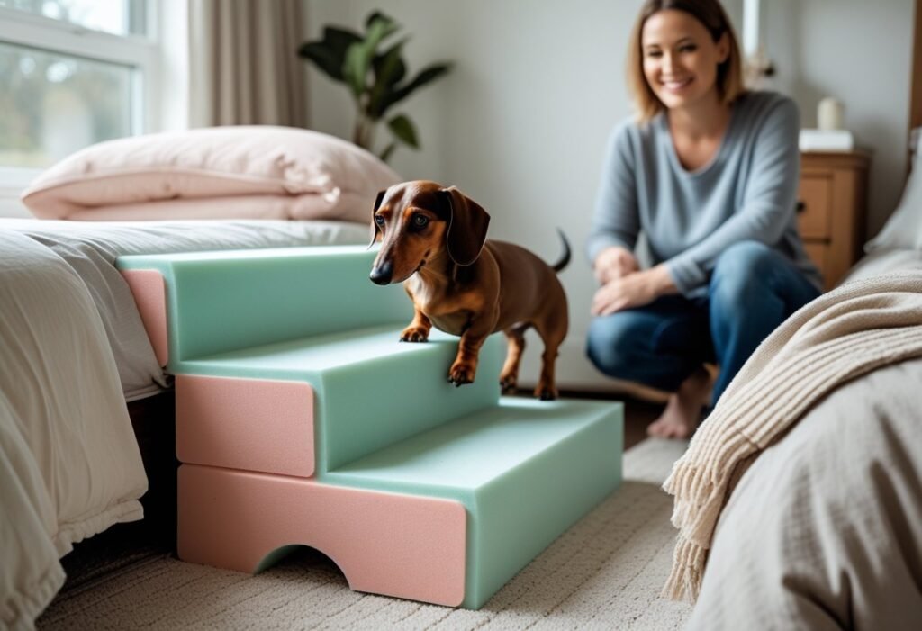 best stairs for dachshund IVDD - Dachshund carefully climbing soft foam pet stairs beside a bed, with owner watching, safe and cozy home setting.