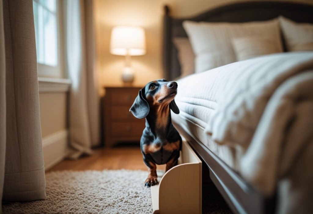 Small Dachshund gazing up at tall bed, appearing cautious, highlighting need for pet stairs or ramp, in cozy home setting.