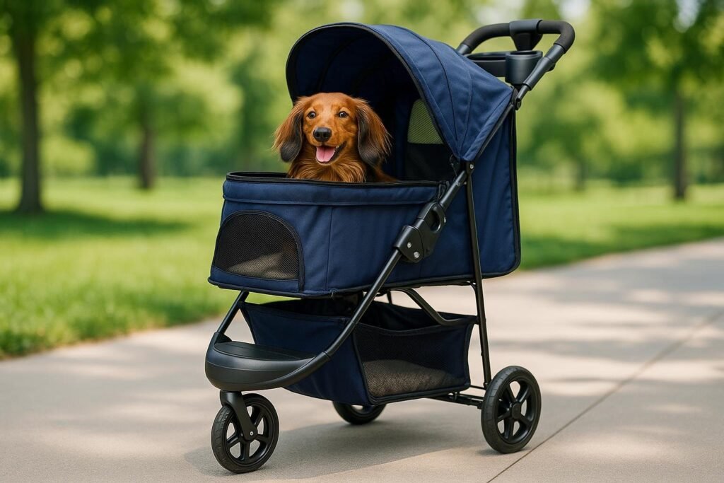 Happy brown dachshund sitting inside a black MoNiBloom 3-wheel pet stroller with mesh panels, enjoying a smooth outdoor ride.