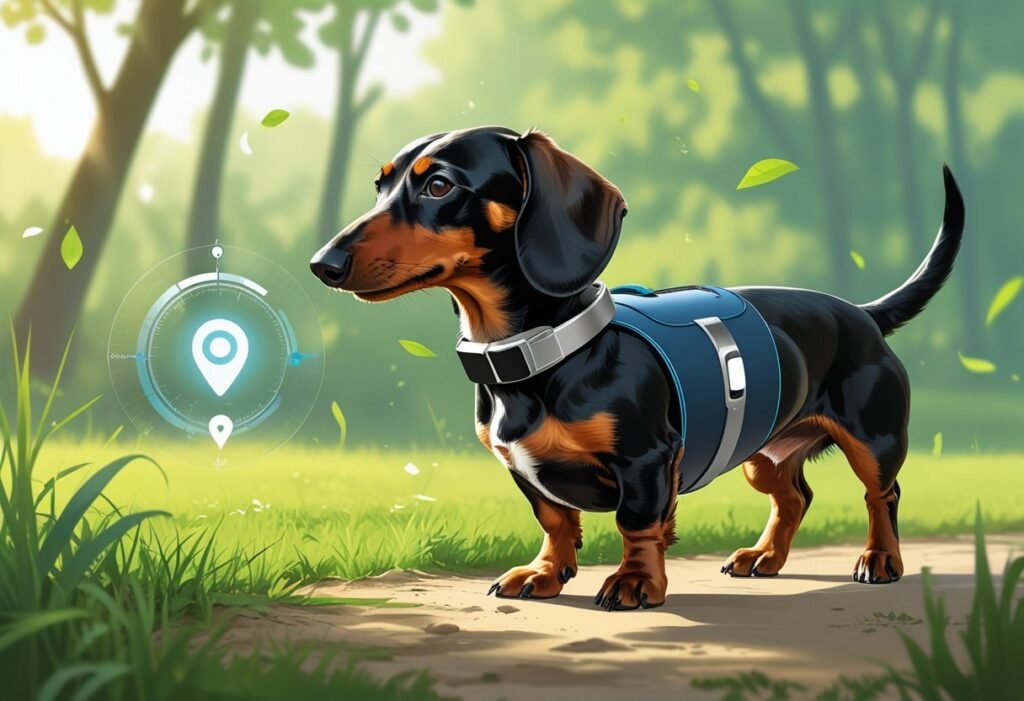A dachshund wearing a GPS tracker collar walking outdoors in a grassy area with trees.