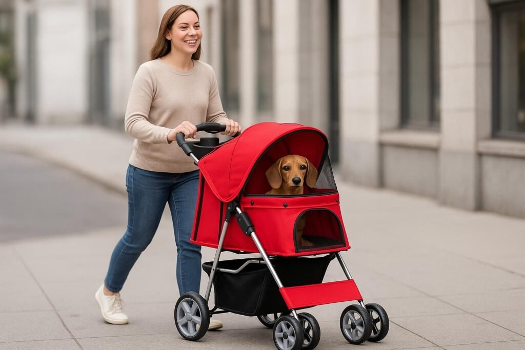 Lightweight blue Azaeahom pet stroller with mesh sides, holding a relaxed dachshund on a sunny sidewalk.