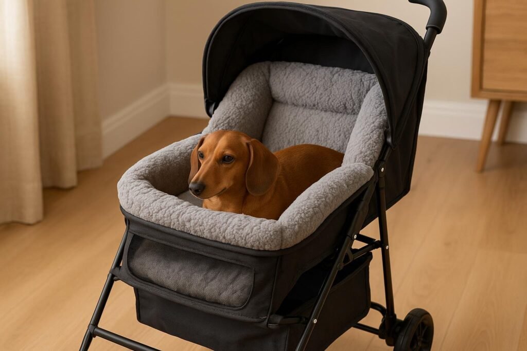 Soft, gray ultra-plush stroller pad inside a pet stroller with a resting dachshund, cozy and comfortable