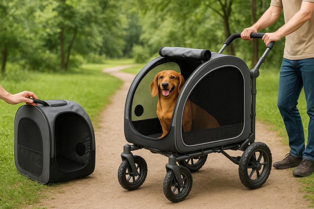 Large, detachable PAWZIDEA dog stroller and carrier with a dachshund inside, showing all-terrain wheels and mesh windows.