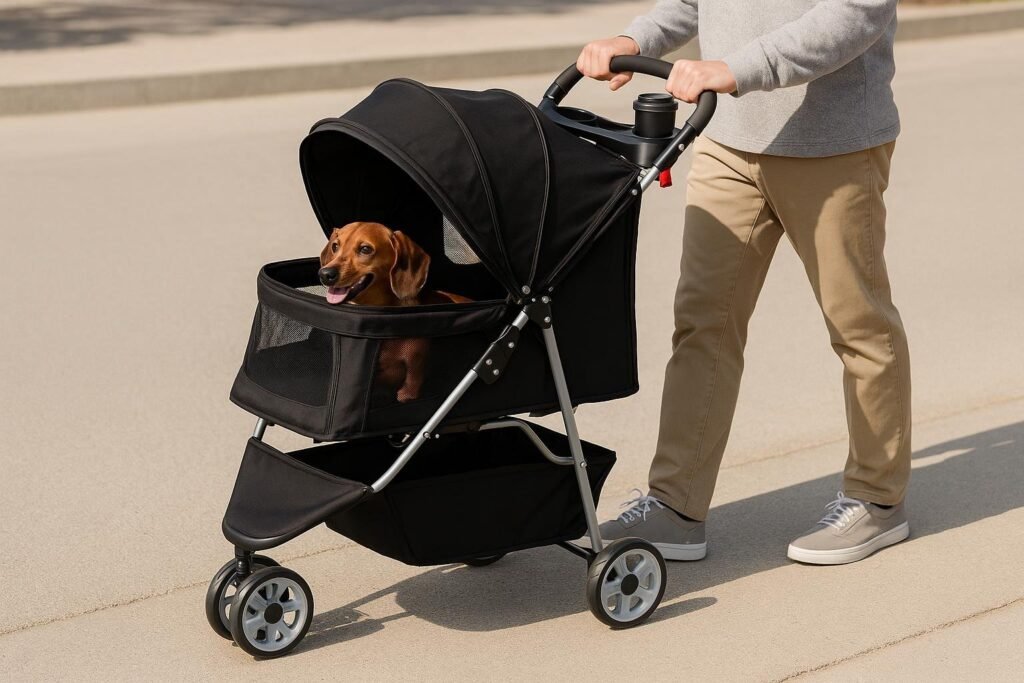 Bright red BestPet 3-wheel dog stroller with mesh panels, small dachshund looking out on a sunny day walk.